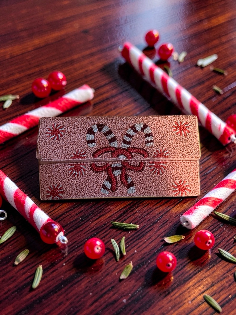 Beaded Candy Cane Crossbody Card Wallet - Brown/Red